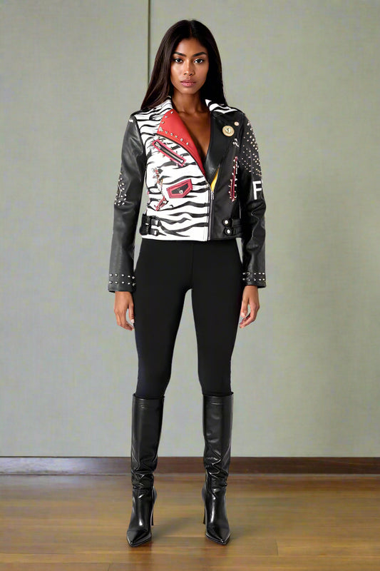 Moto Leather Zebra Printed Jacket | 81769