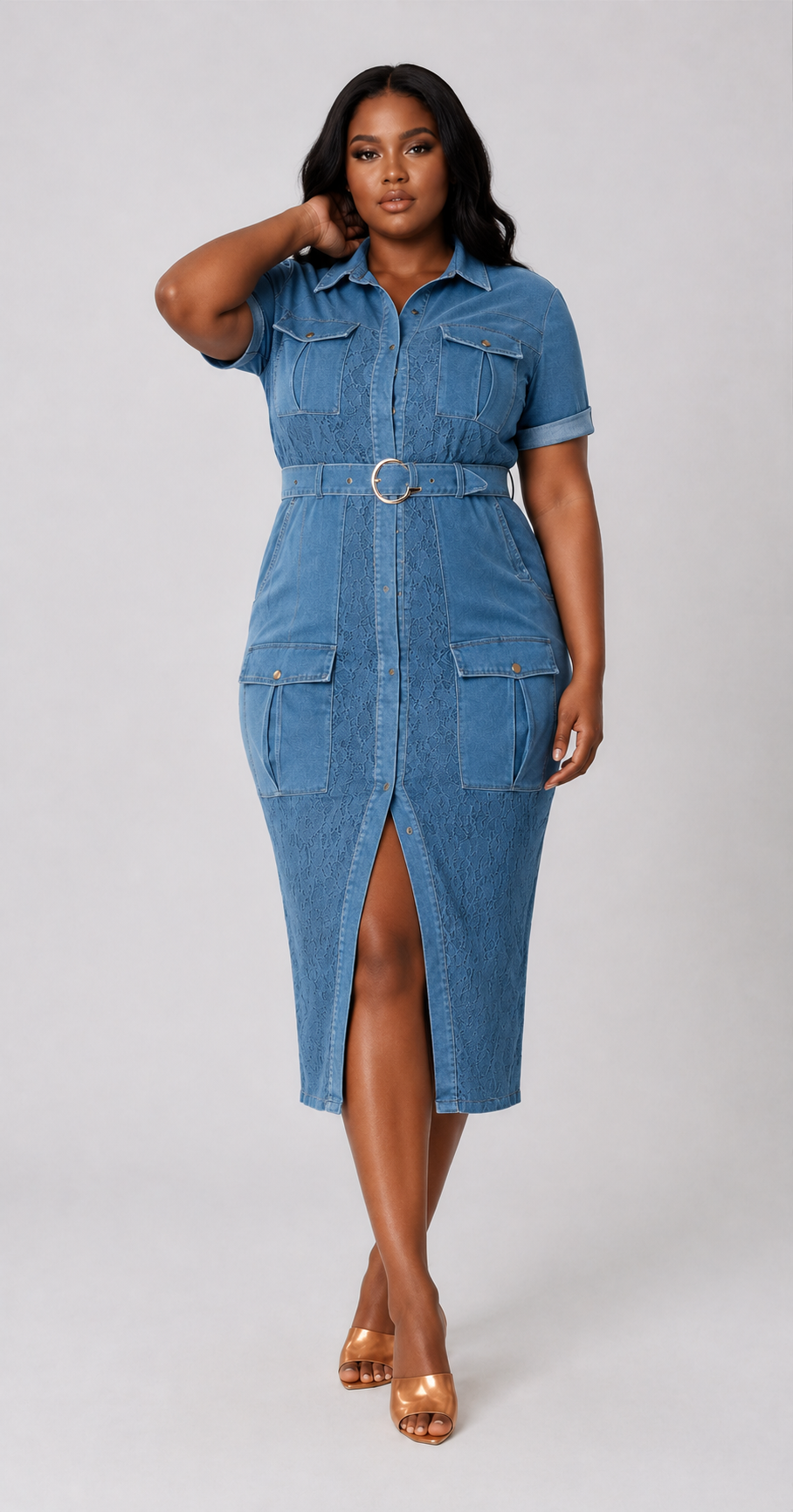 Lace Trimmed Denim Midi Dress - 82746