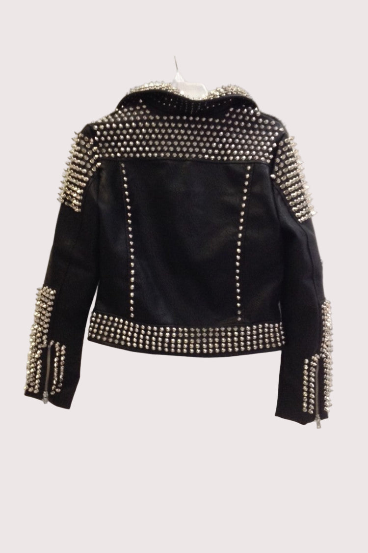 Black studded moto jacket showing back view with punk-inspired stud detailing and belted waist, For Her NYC