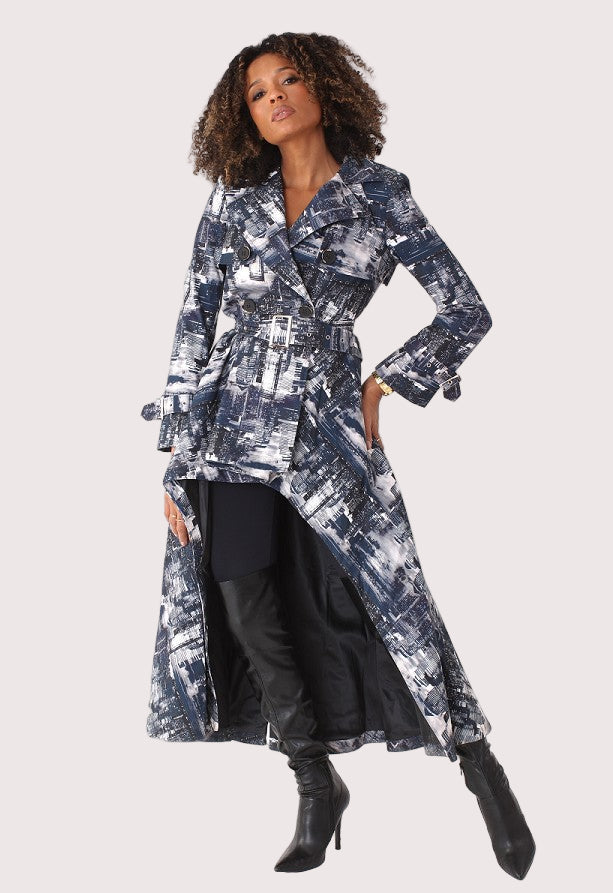 Abstract Print Belted Trench Coat -81798