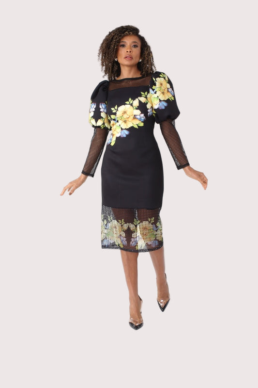 Bold Floral Mesh Puff Sleeve Midi Dress- 81946
