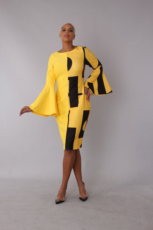 Color block bell sleeve dress style 82062 in yellow and black shown front-facing in a standing pose highlighting the bold contrast and dramatic sleeves by For Her NYC