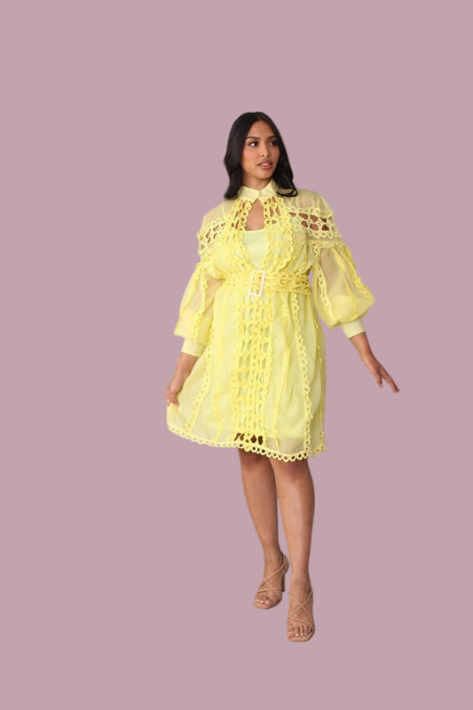 Front view of yellow lace trim mini dress with matching belt.
