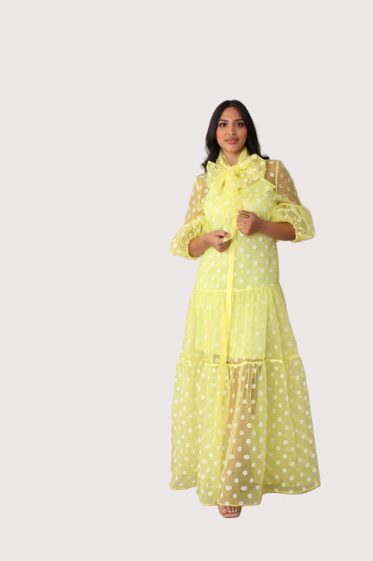 Polka dot organza maxi dress style 82234 in yellow and white shown front-facing in a standing pose highlighting the sheer fabric and flowy silhouette by For Her NYC