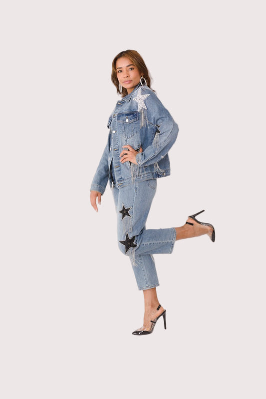 Stardust Dreams denim jacket style 82331 shown from the front in a standing pose highlighting the star embellishments and classic denim silhouette by For Her NYC