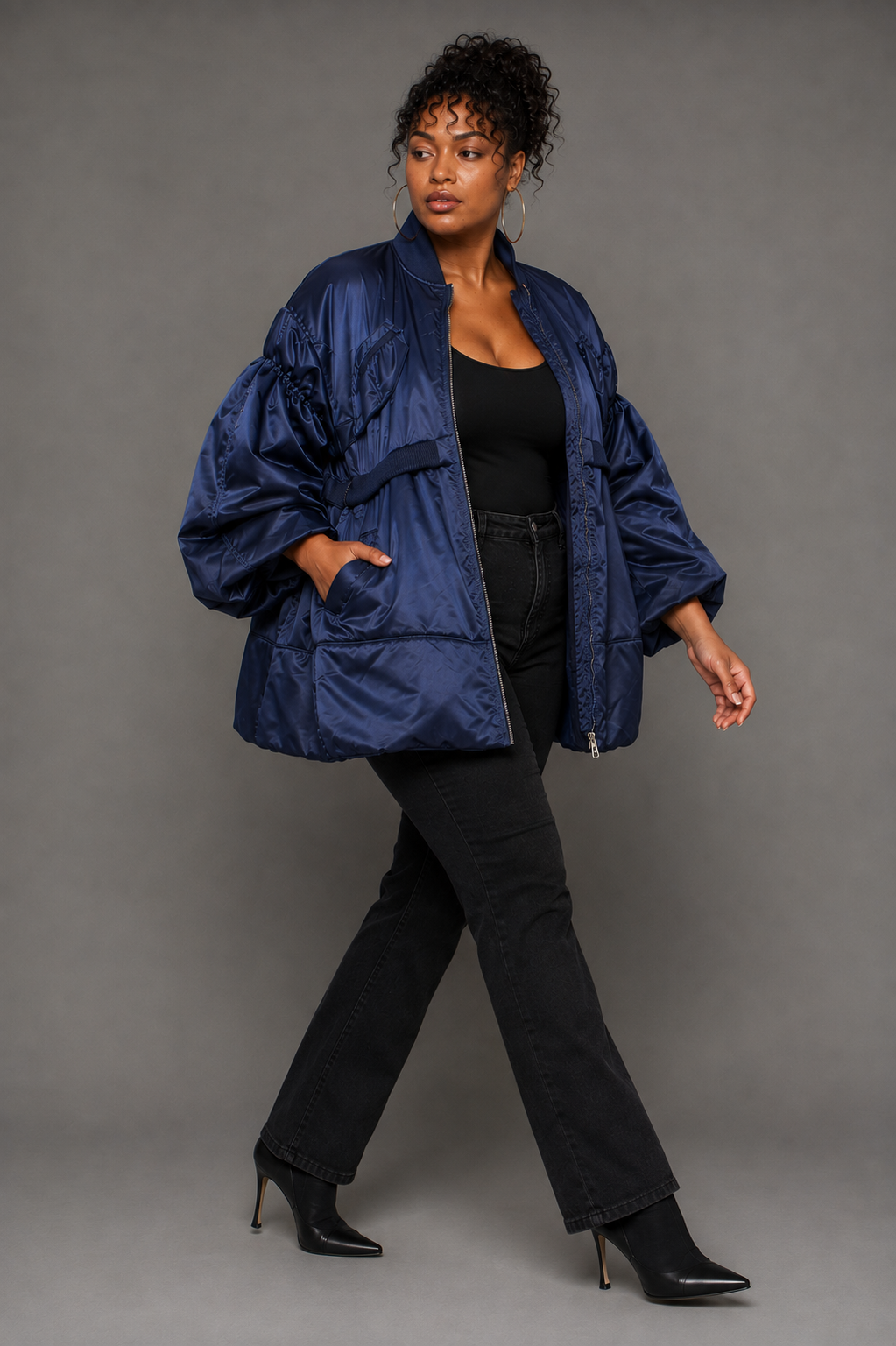 navy/silver woven jacket with contrasting lining paired with black pants and black ankle boots, standing front pose – For Her NYC