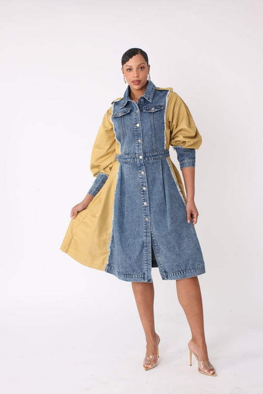 Model wearing two tone denim dress in denim and khaki, front standing pose, For Her NYC