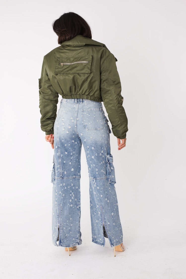 Back view of olive cropped utility bomber jacket showing utility detailing, For Her NYC