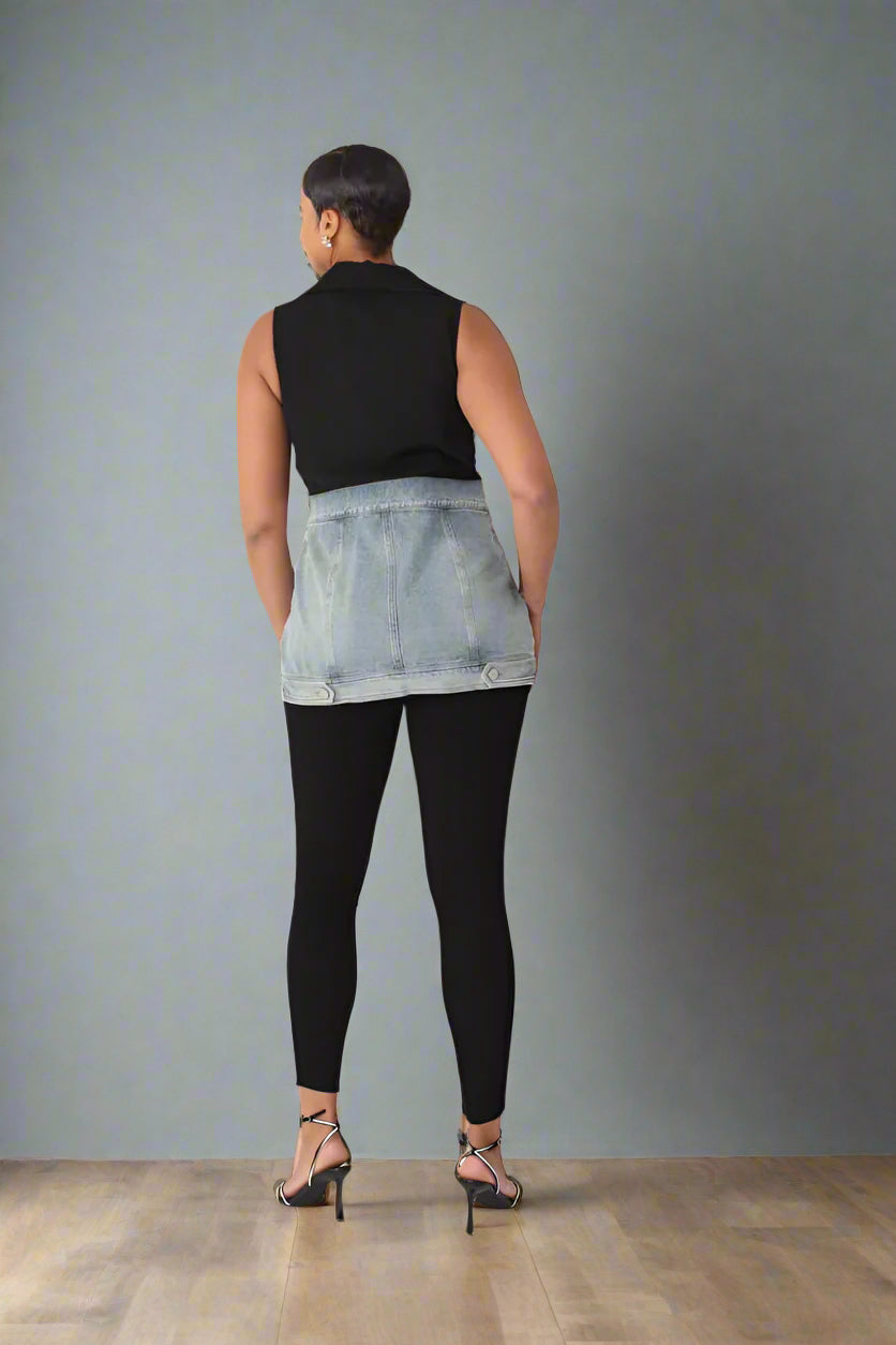 Back view of hybrid blazer denim jacket sleeveless style showing denim paneling and tailored fit, For Her NYC