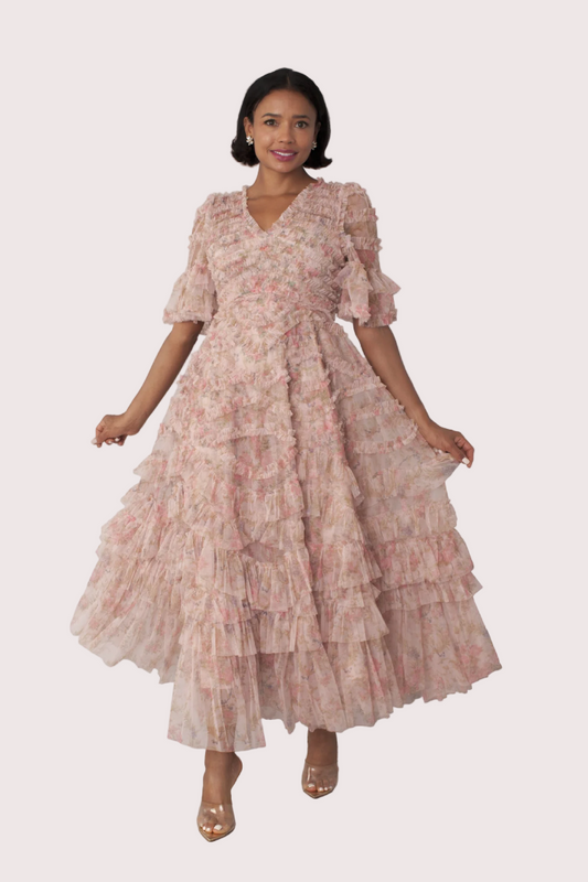 Floral tiered ruffle midi dress back view, flowing layered silhouette shown, For Her NYC