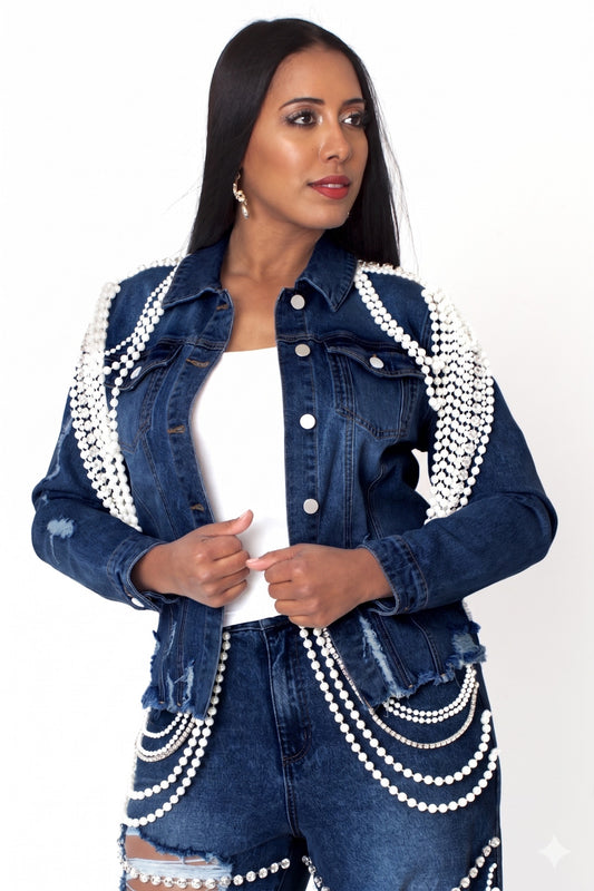 Distressed Pearl-Embellished Denim Jacket - 82925