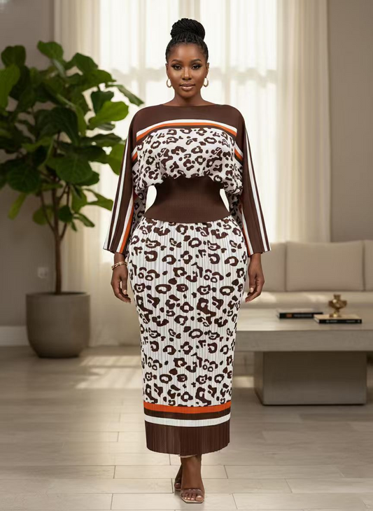 Leopard Print Pleated Knit Skirt Set - 83005