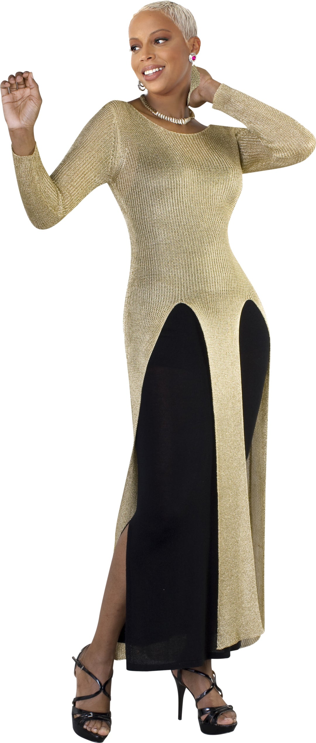 Two-Piece Long Knit Dress with Sheer Overlay- 5165