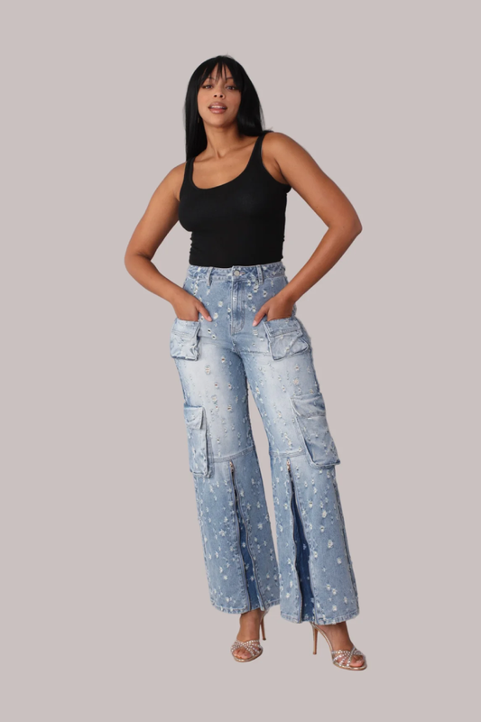 Distressed Denim Cargo Jeans -82385