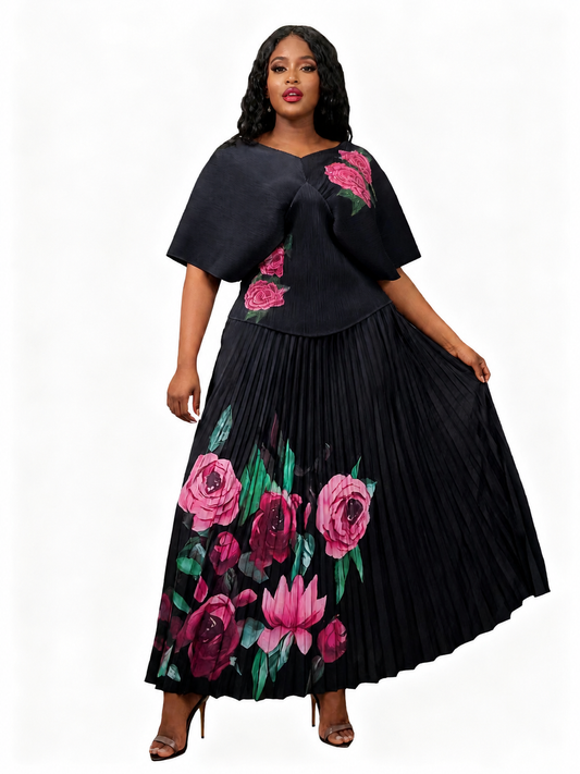Botanical Elegance Pleated Skirt Set - 83025