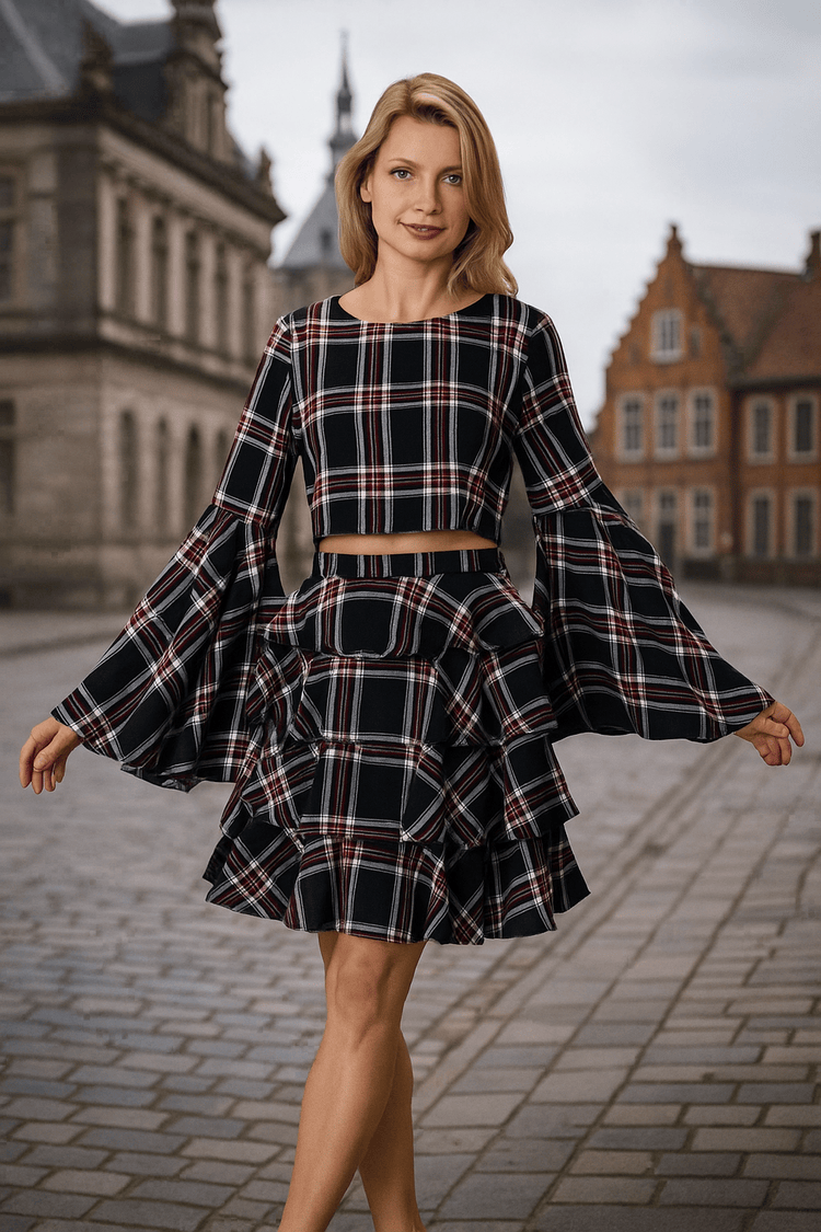 Plaid Bell Sleeve Top -8531