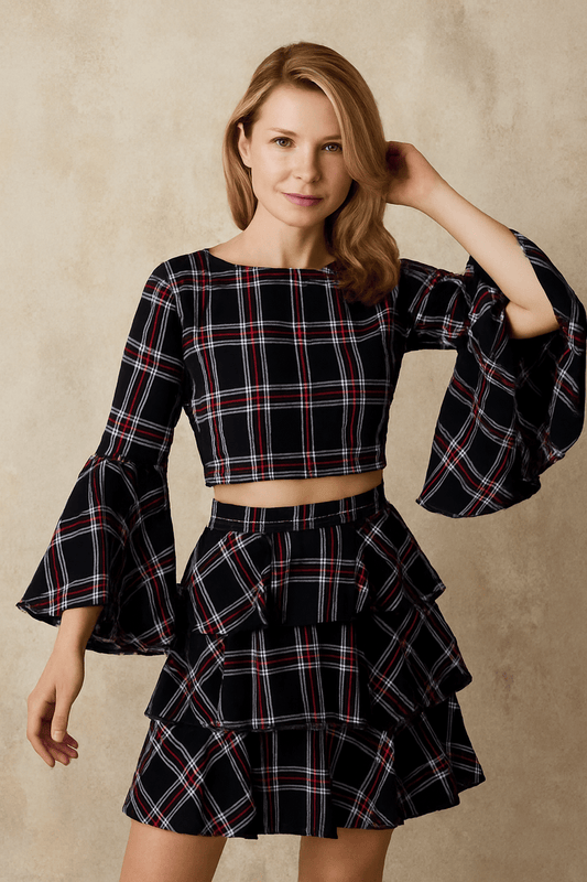 Plaid Bell Sleeve Top -8531