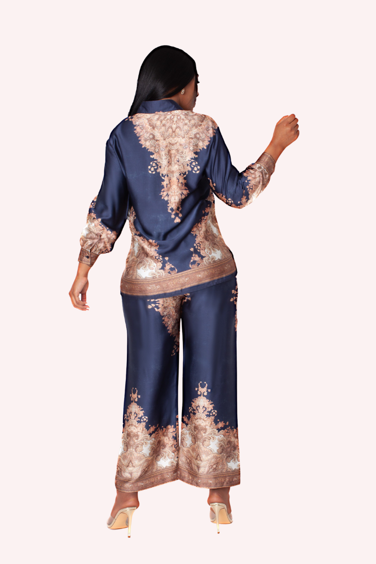 Baroque Print Satin Pant Set -82895