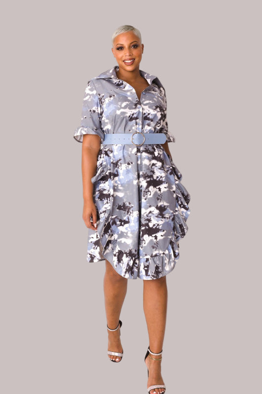 Camo Print Ruffle Midi Dress- 81926