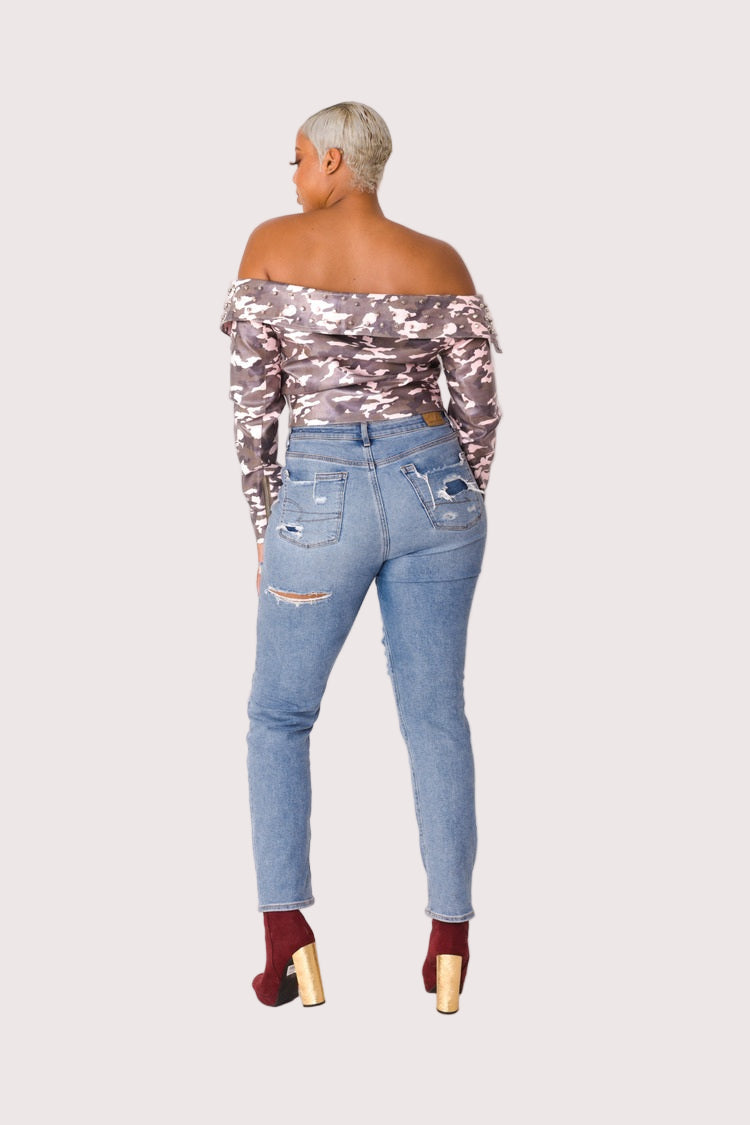 Camo Print Leather Jacket -81923