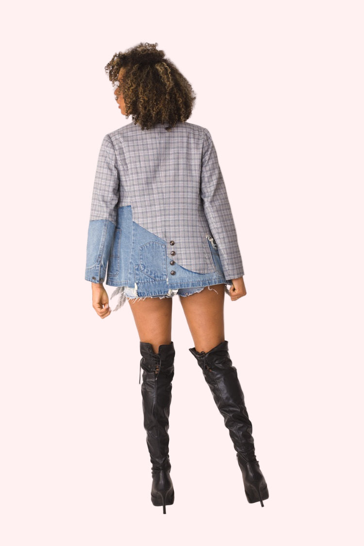 Mixed Denim and Print Blazer Jacket- 81739