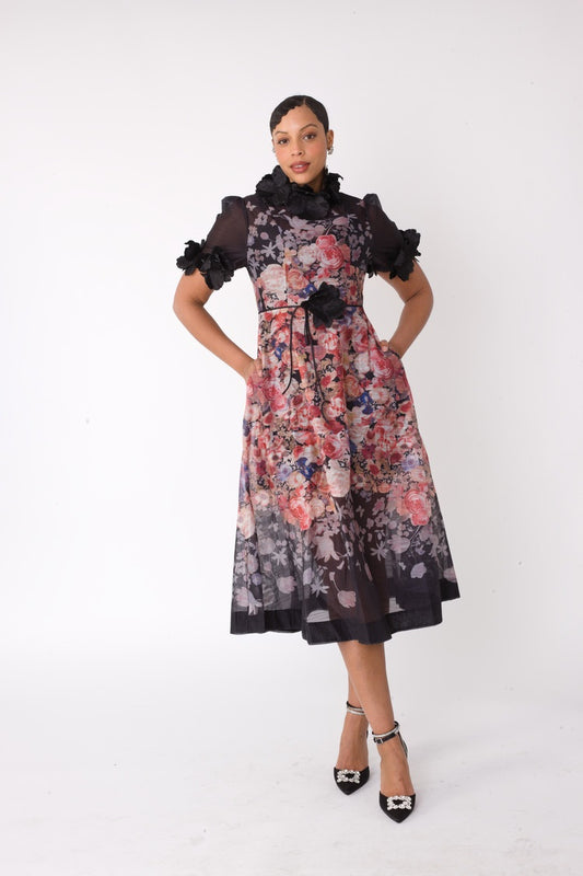 Romantic Floral Midi Dress with Organza Details -82486