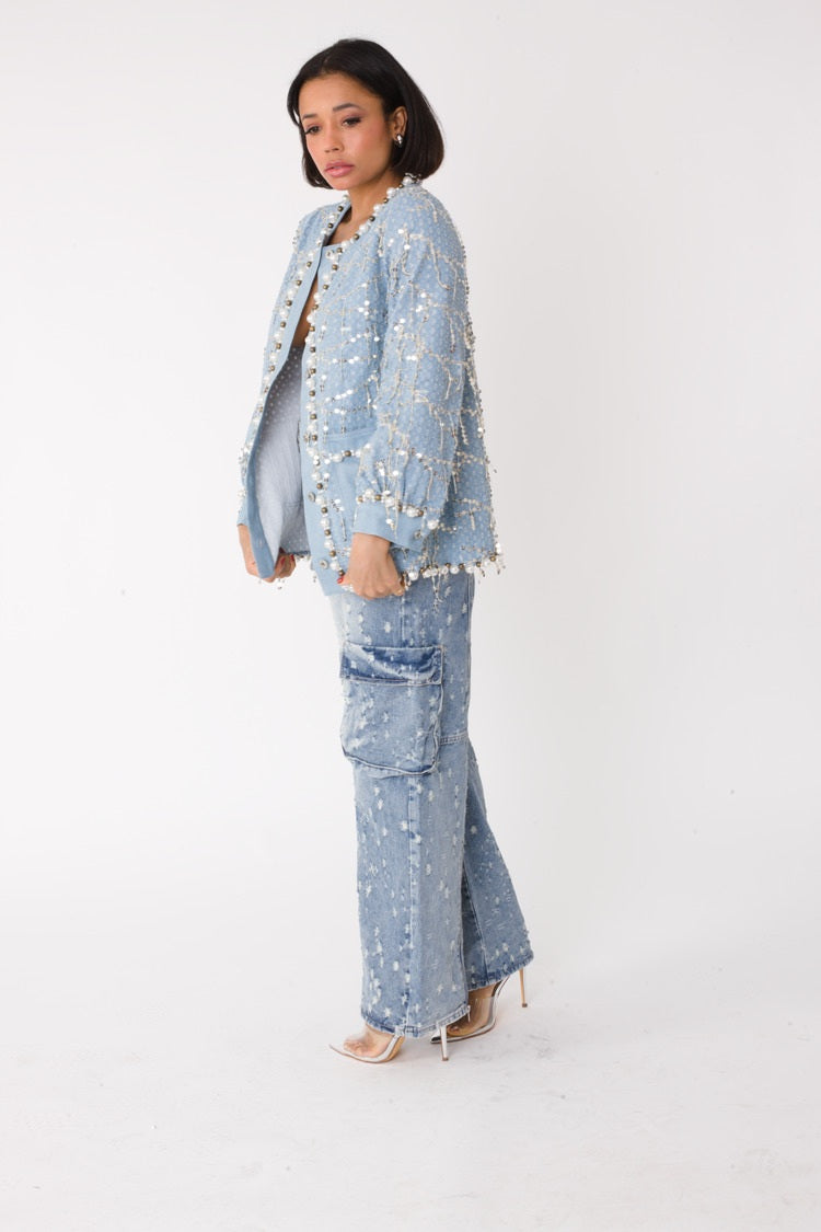 Blue Denim Jacket with Sequins and Pearls– 82384