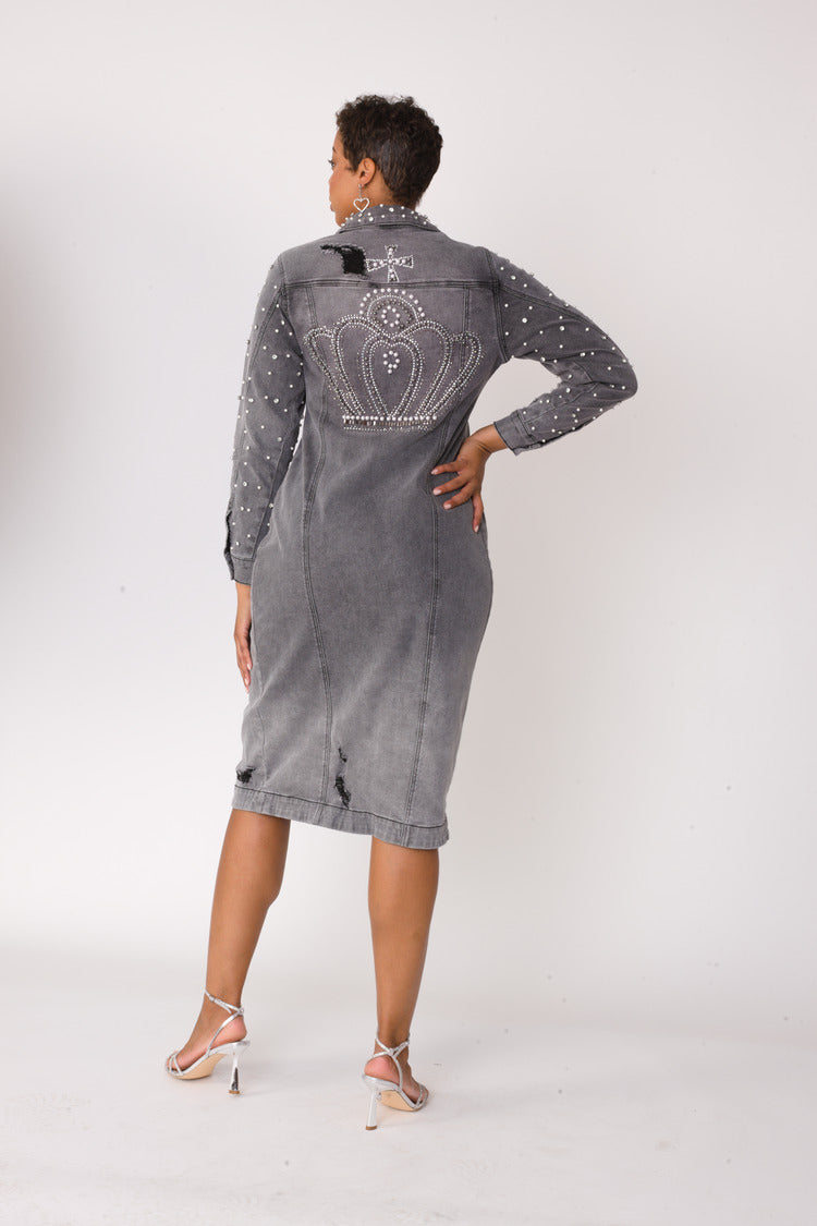 Pearl Embellished Grey Denim Midi Dress -82681