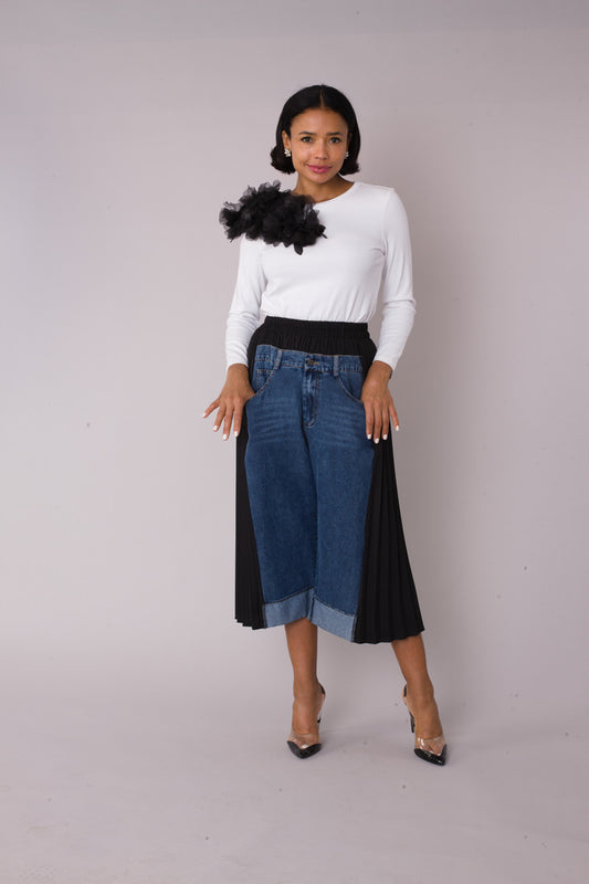 Pleated Panel Denim Culottes -82467