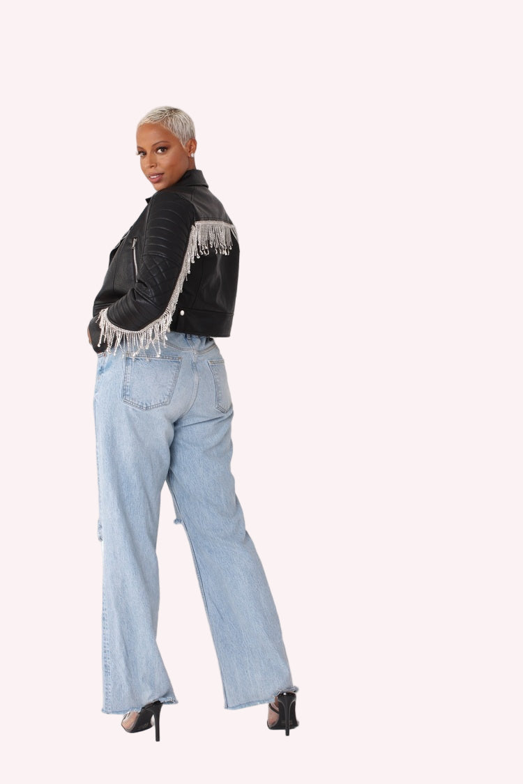 Cropped Leather Jacket with Fringe Details -82064