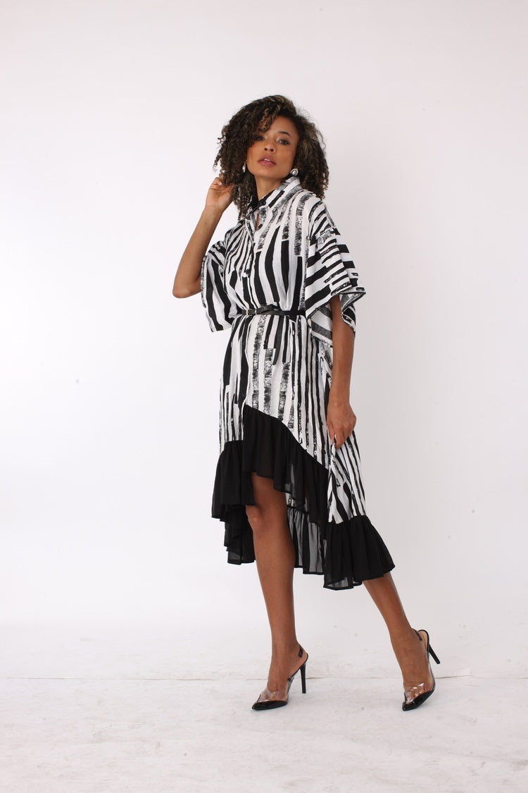 Abstract Stripe High-Low Shirt Dress – Modern Style WHITE/BLACK / M