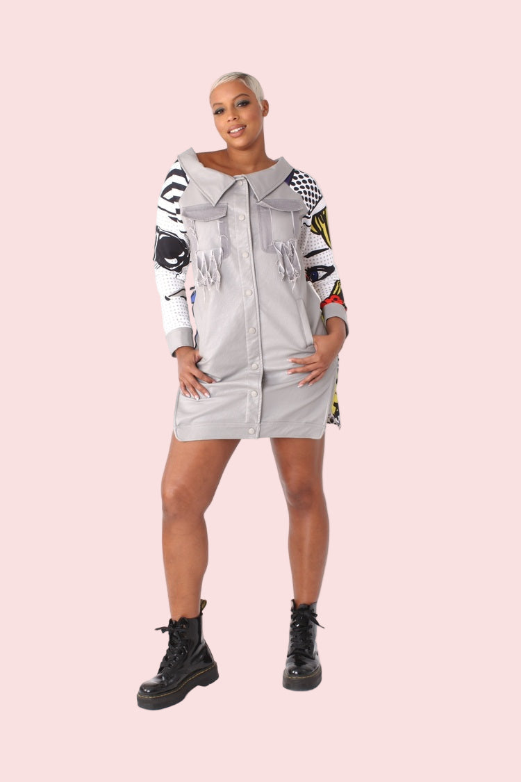 Leather and Printed Sleeve Long Jacket - 81845