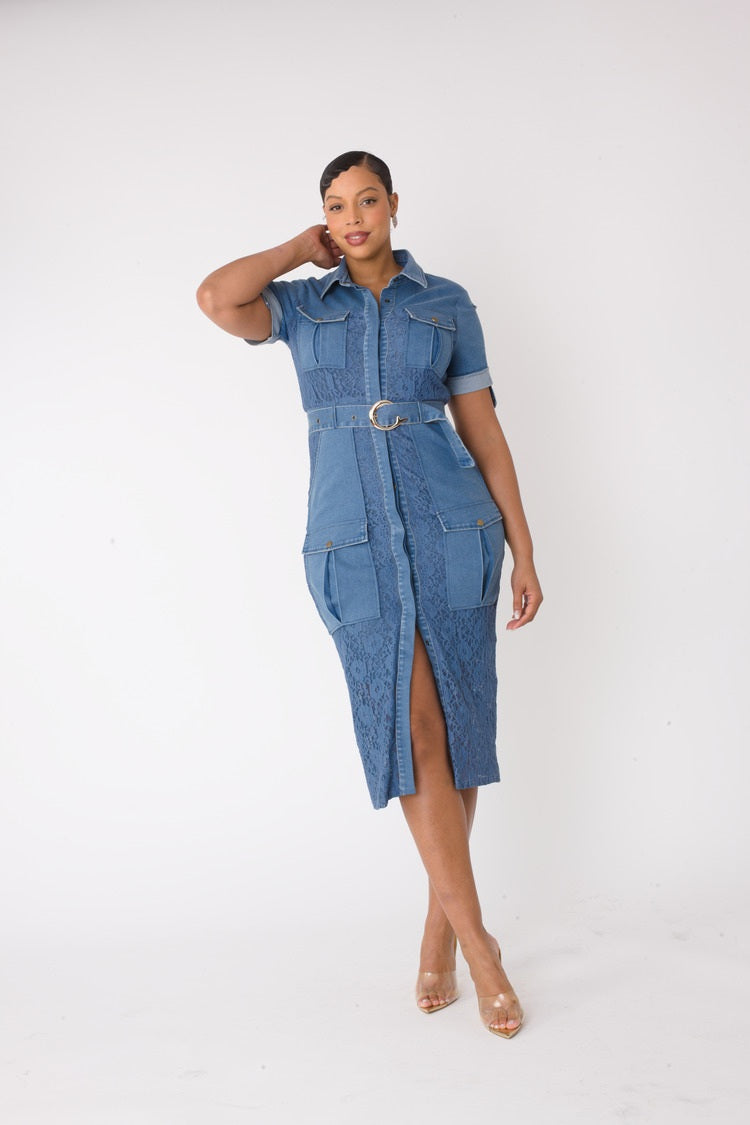 Lace Trimmed Denim Midi Dress for Casual Chic Denim BLUE / M