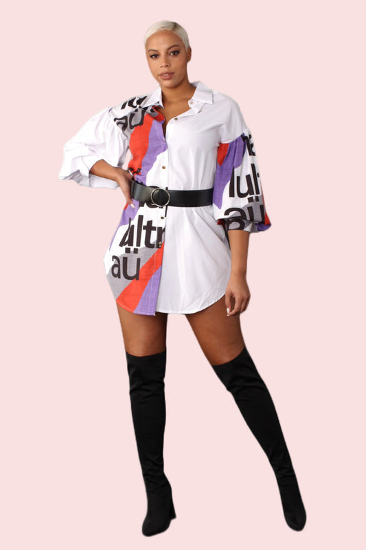 Avant-Garde Printed Shirt Dress 81932 – Bold Graphic Collage Tunic