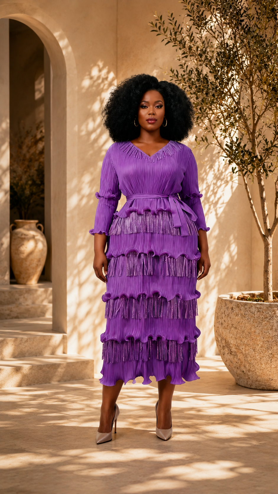 tiered layered midi dress Fringe Pleated BIS-08-01-24