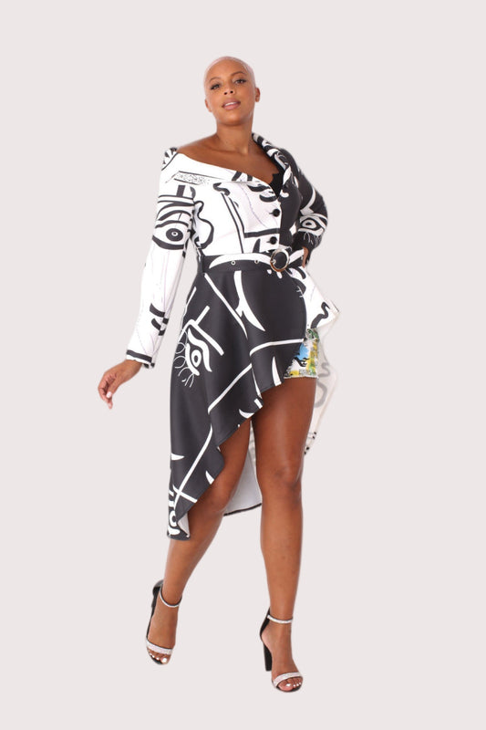 Long Scuba Abstraction Print Belted Jacket - 81973