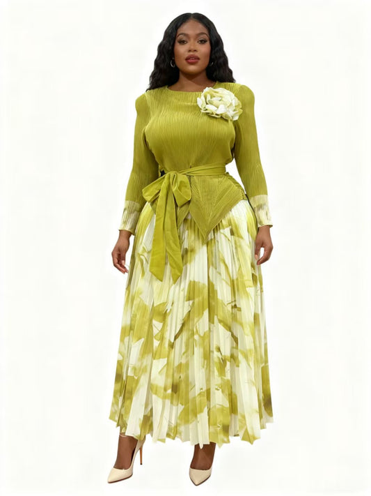 Elegant Floral Pleated Skirt Set - 83013