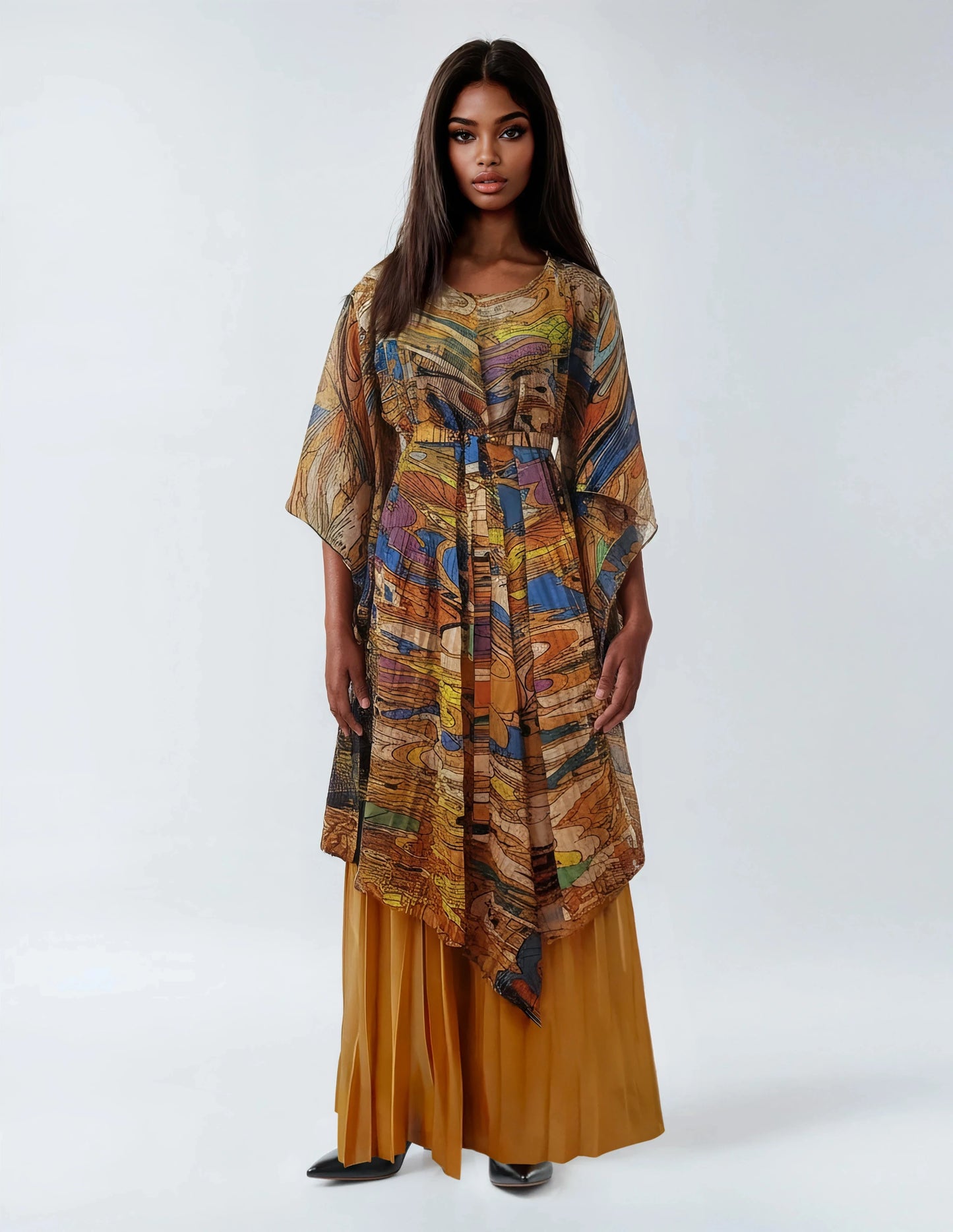 Front view of abstract pleated kimono pant set in yellow multi, flowy silhouette, For Her NYC