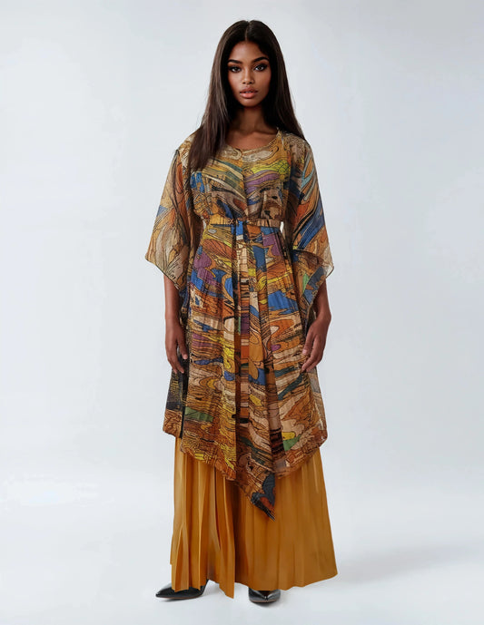 Front view of abstract pleated kimono pant set in yellow multi, flowy silhouette, For Her NYC