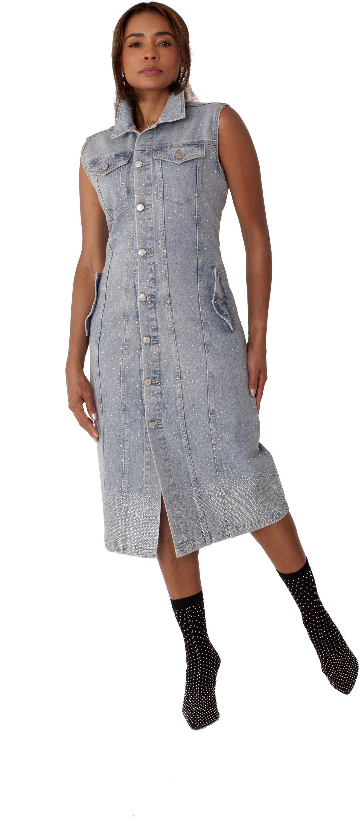 DENIM DUSTER W/ALLOVER RHINESTONES - DENIM
