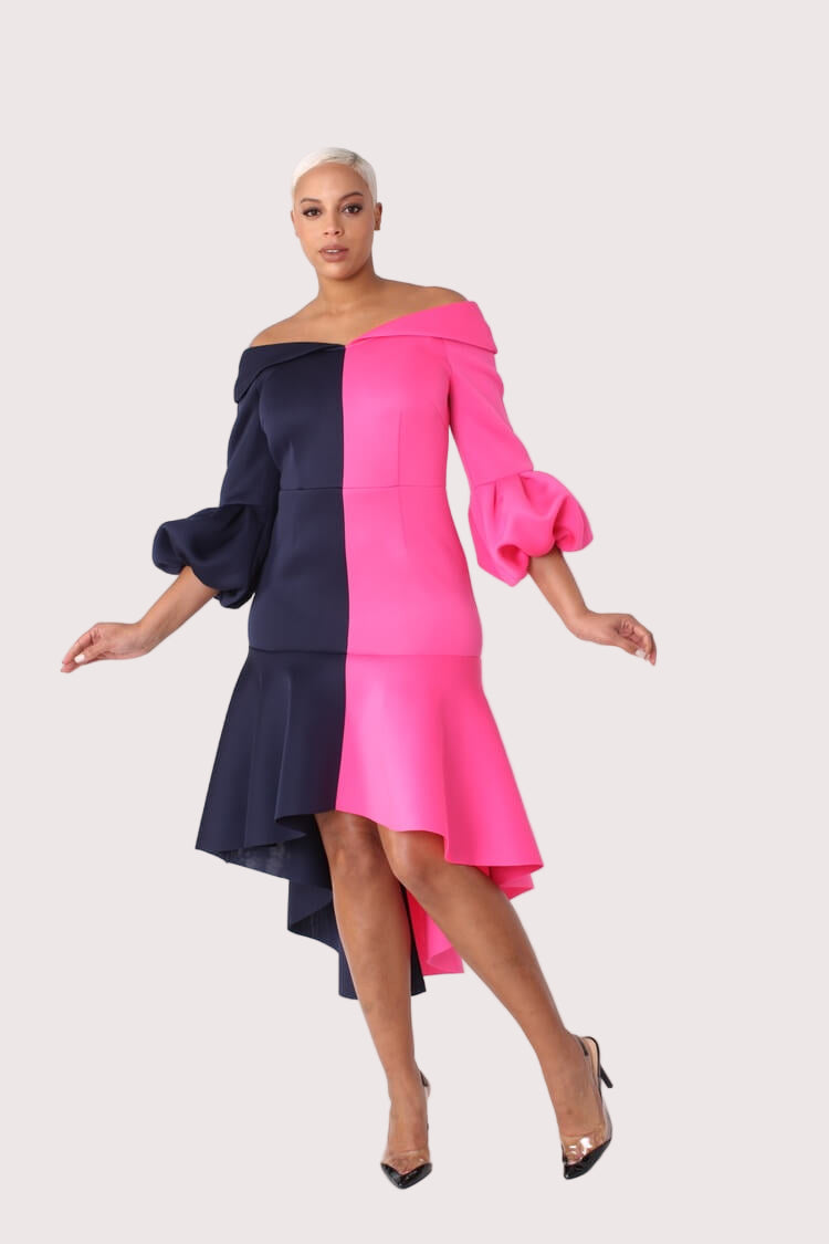 fuchsia midi dress with sleeves Dramatic Flounce Sleeve Midi Dress – FOR HER NYC OFFICIAL