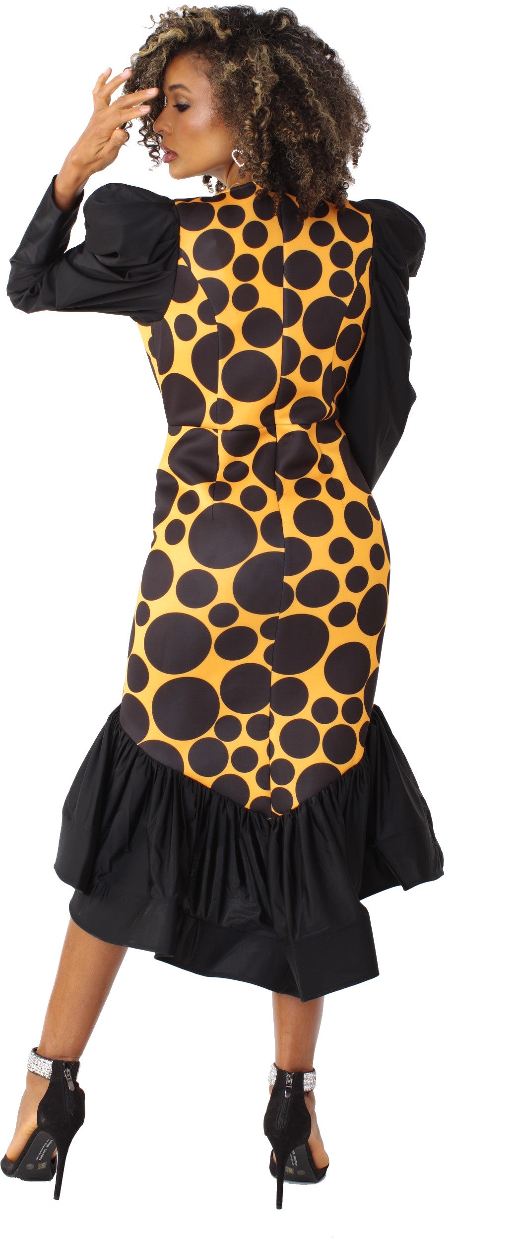 DRESS W/ PUFF SLEEVE AND DOTS PRINT - BLK/MUSTARD