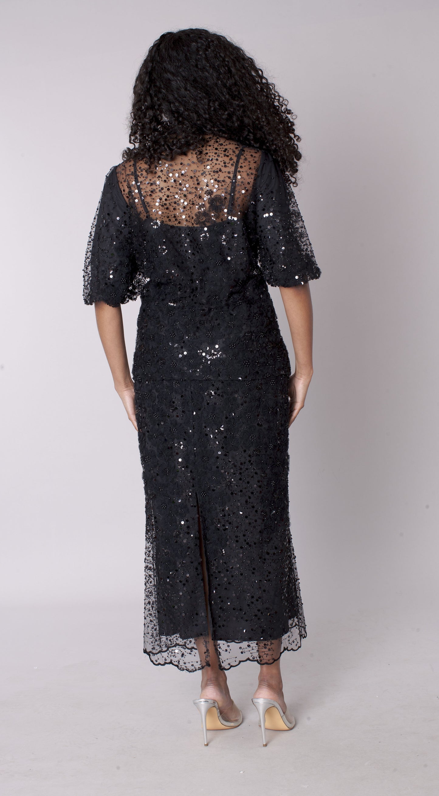 Black embroidered sequin organza skirt set, back view showing embroidered overlay, For Her NYC