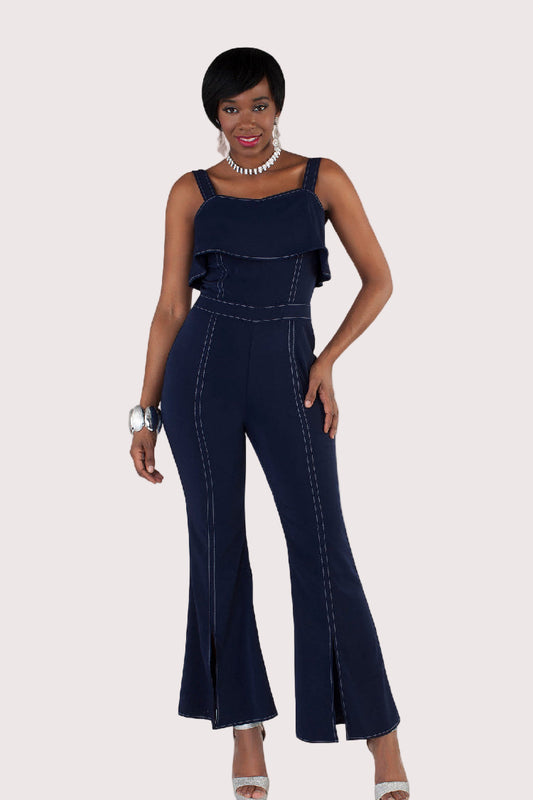 Black flare leg jumpsuit with high-waisted fit, front pose.