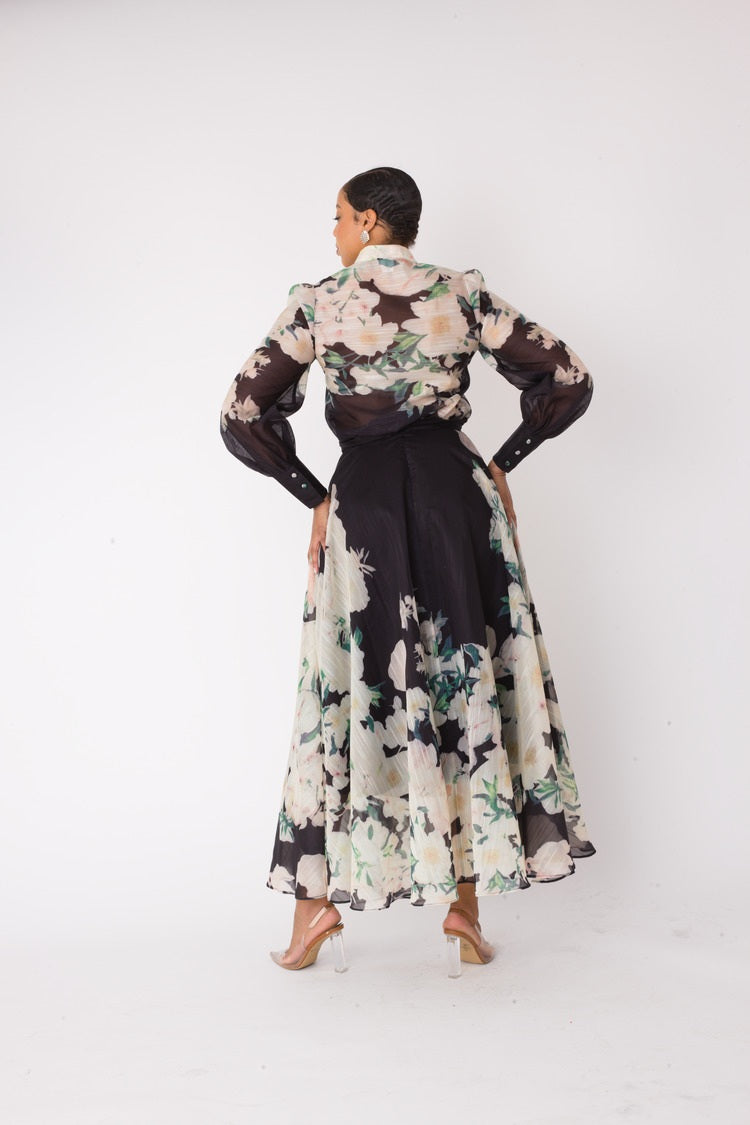 Model with hands on hips wearing chic floral two-piece dress set – For Her NYC