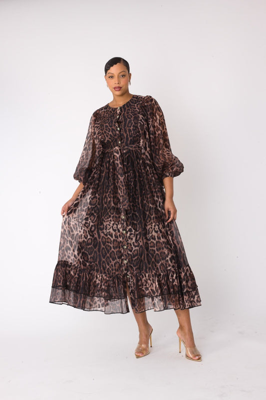Front view of flowy leopard-print maxi dress with relaxed silhouette – For Her NYC