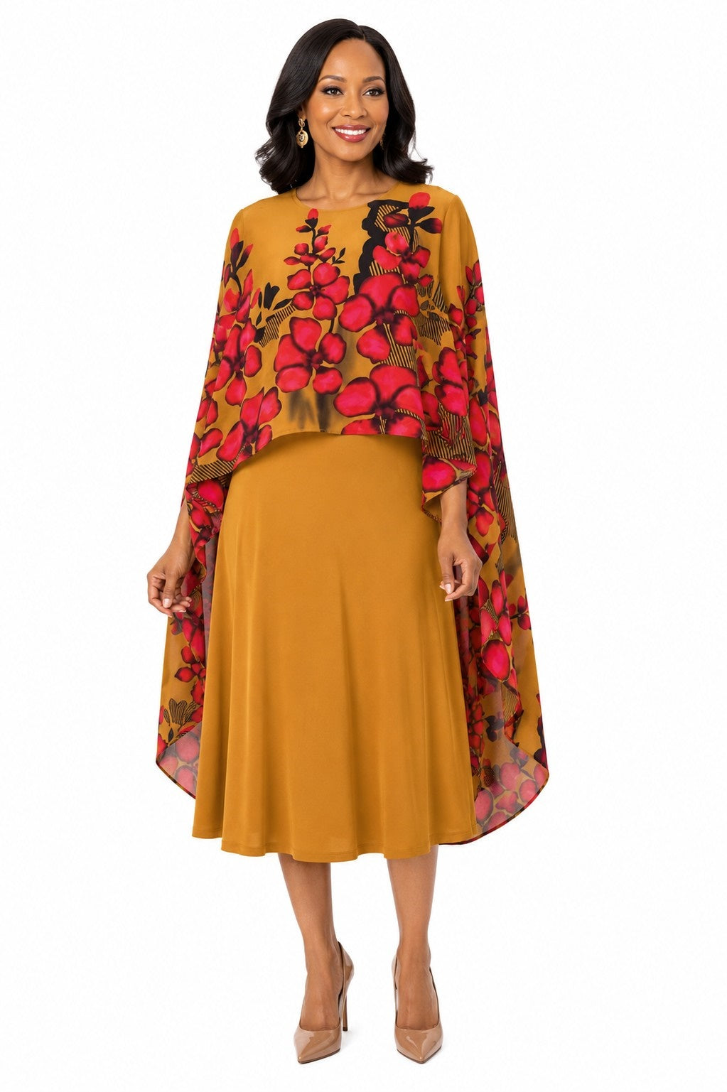 Front view of a model wearing the For Her NYC Floral Cape Overlay Midi Dress - S0280 in mustard yellow with a red and black floral print cape overlay