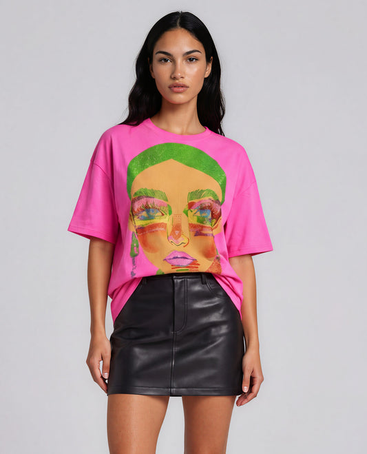 For Her NYC fuchsia multi Electric Portrait Rhinestone Tee featuring a colorful portrait graphic with sparkling rhinestone accents and a relaxed oversized fit.