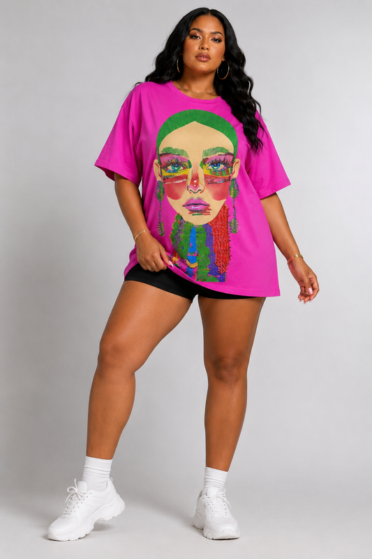 For Her NYC fuchsia multi Electric Portrait Rhinestone Tee featuring a colorful portrait graphic with sparkling rhinestone accents and a relaxed oversized fit.