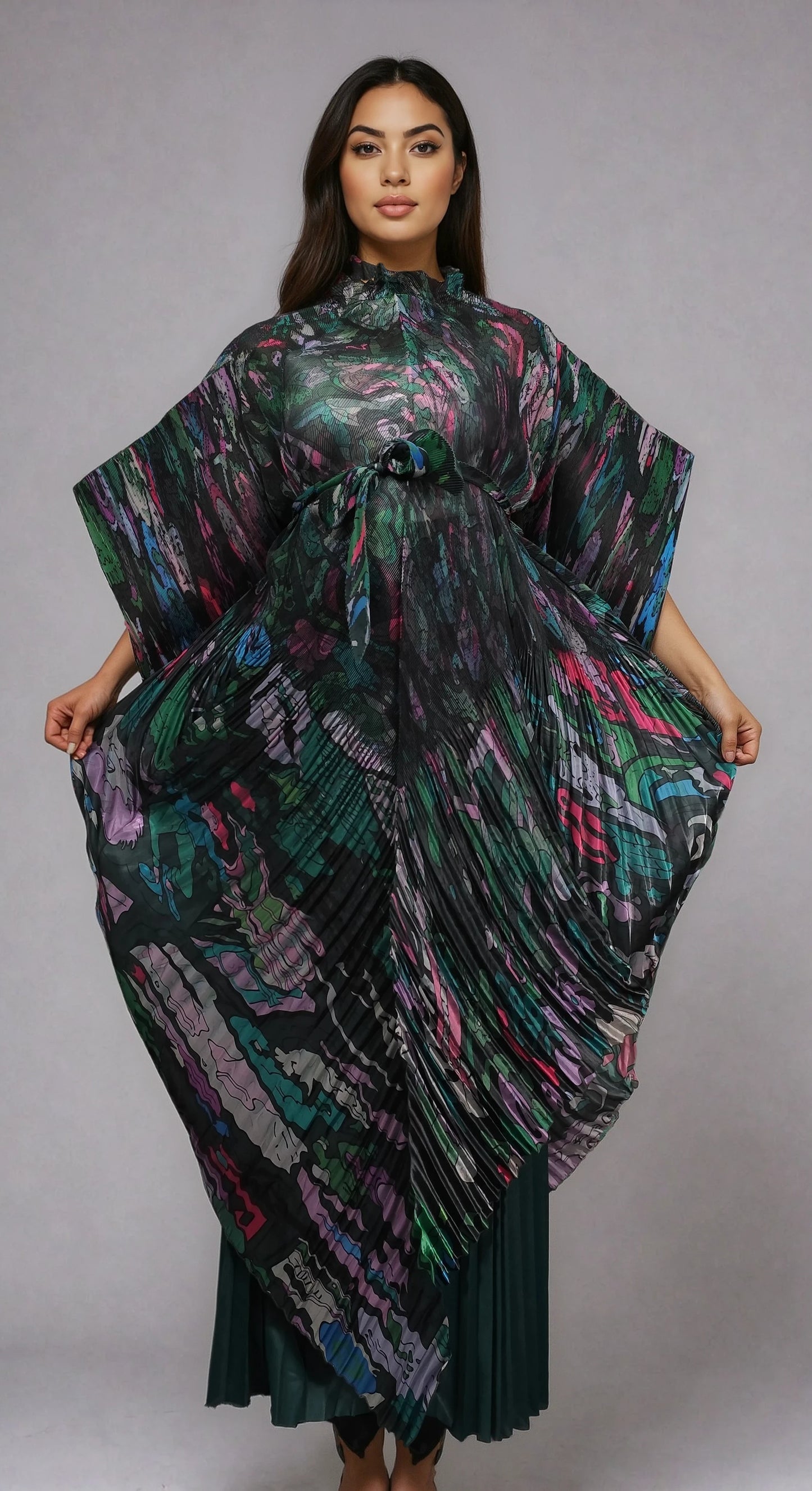 Front view of Mirage Pleated Pantset in teal print with golden pleated pants and draped silhouette by For Her NYC.